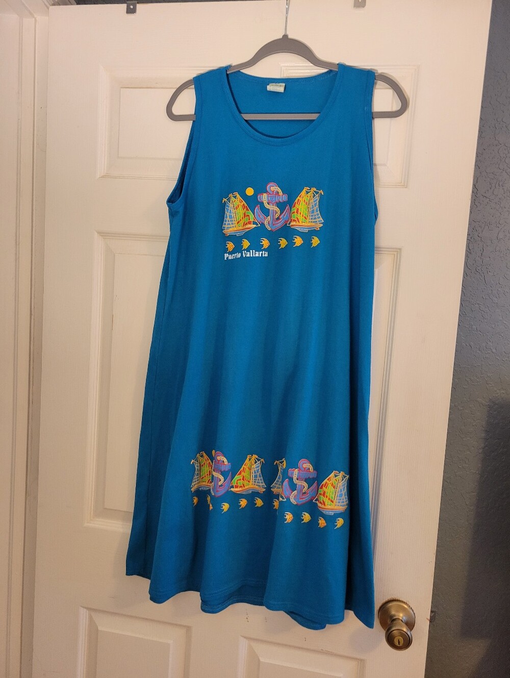 Blue Puerto Vallarta Nautical Print Sleeveless Dress Lady Olamar Size L